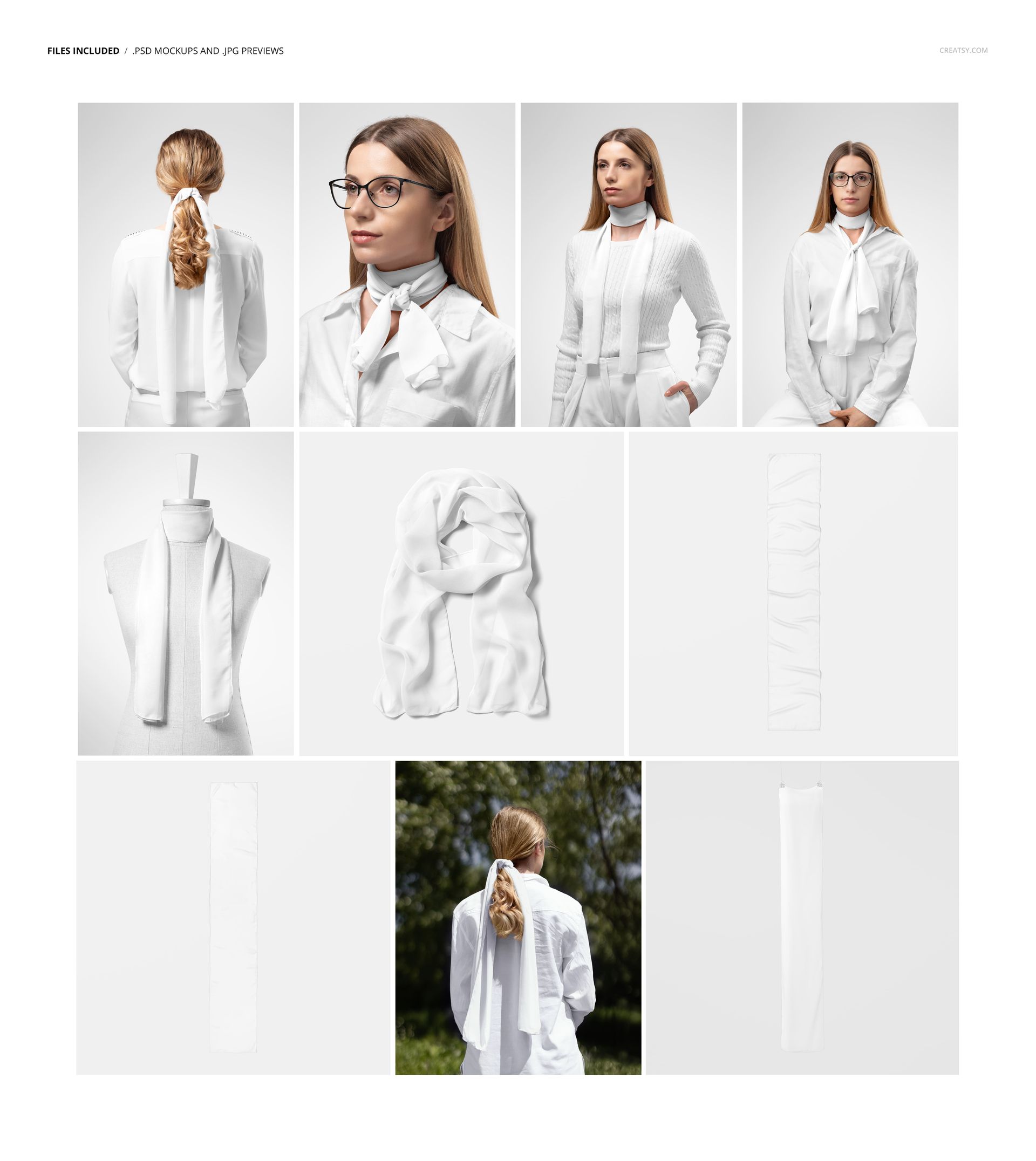 Long chiffon silk scarf mockup in white, shown draped and tied in various styles on a mannequin and person.