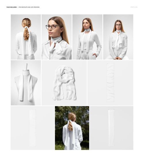 Long chiffon silk scarf mockup in white, shown draped and tied in various styles on a mannequin and person.