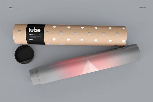 Front view of a paper tube mockup with heart design, black lid, and a partially unrolled poster on a gray background.