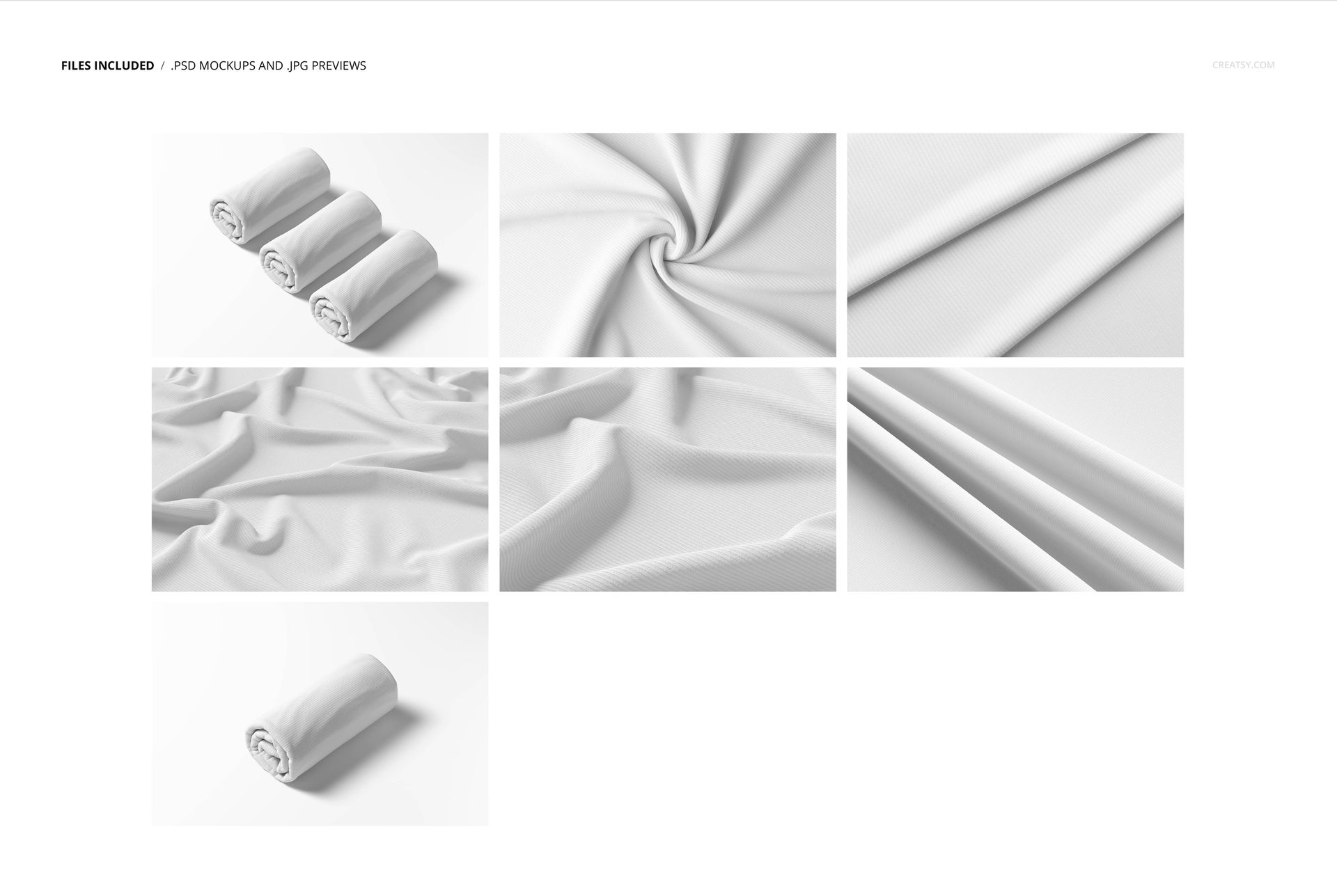 Rib knit fabric mockup set featuring rolled and draped white textile pieces shown from various angles on a plain background.