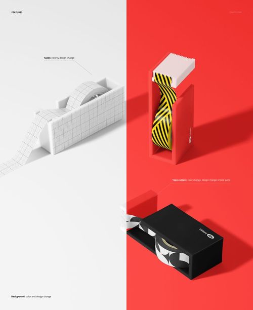 Washi masking tapes displayed with tape cutters, featuring bold graphic designs and vibrant color blocks in a PSD mockup.