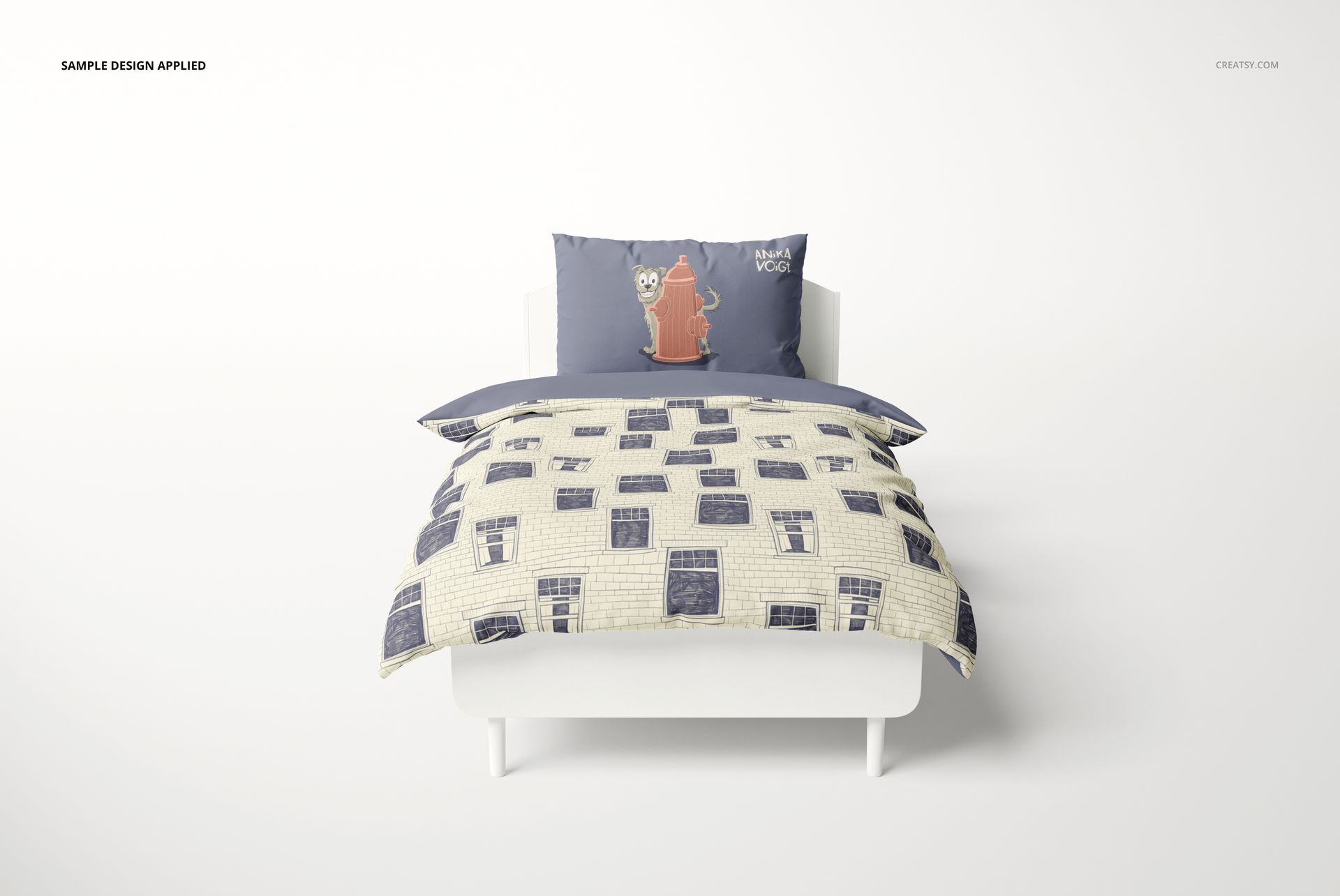 Front view of a kids bedding set mockup featuring a pillow and duvet with illustrated animal and window patterns.