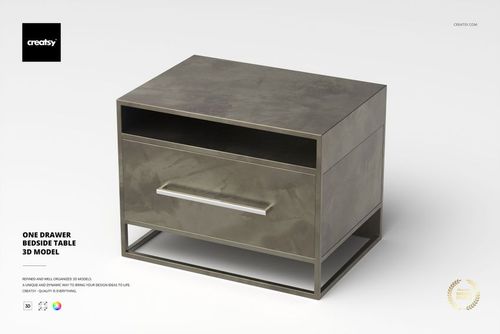Modern bedside table with one drawer, metallic finish, rectangular shape, shown from a front angle on a light background.