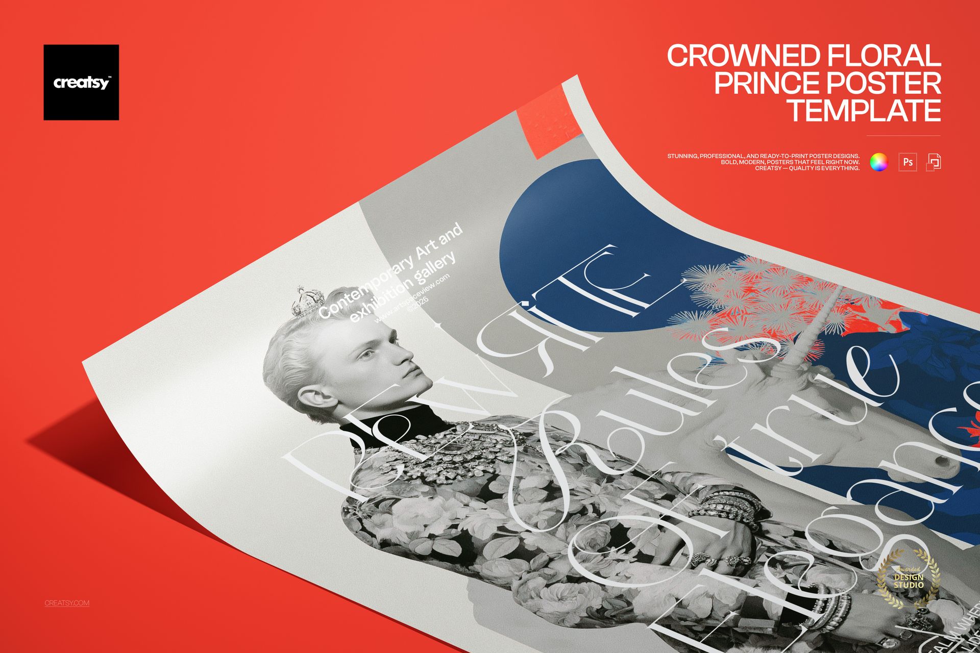 Front view of a PSD mockup poster featuring a grayscale prince portrait, floral accents, and modern text.