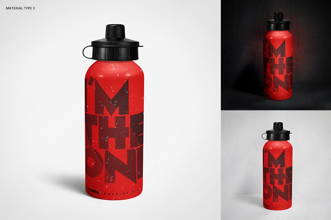 Red aluminum water bottle featuring large black lettering, displayed in three different mockup scenes with removable droplets.
