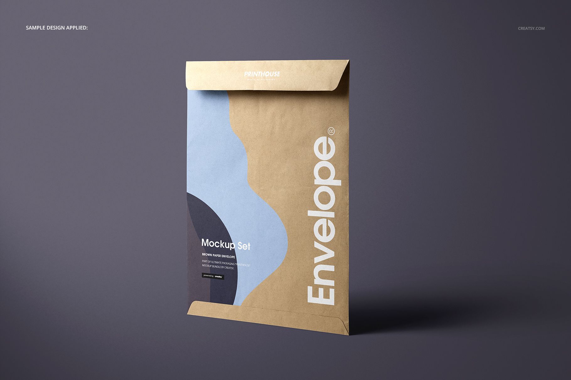 Front view of a brown paper envelope mockup with a geometric pattern and printed text, set against a gray background.