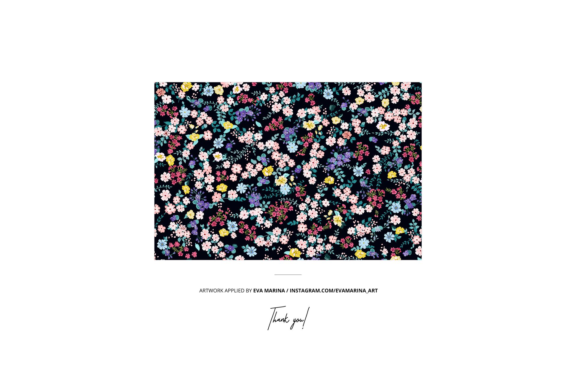 Rectangular floral pattern with small, colorful flowers on a black background, centered on a white canvas.