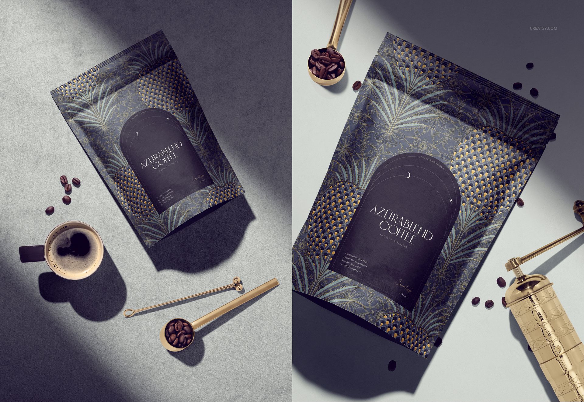 Coffee packaging mockup with dark blue and gold leaf pattern, shown from top and angled views with coffee props.