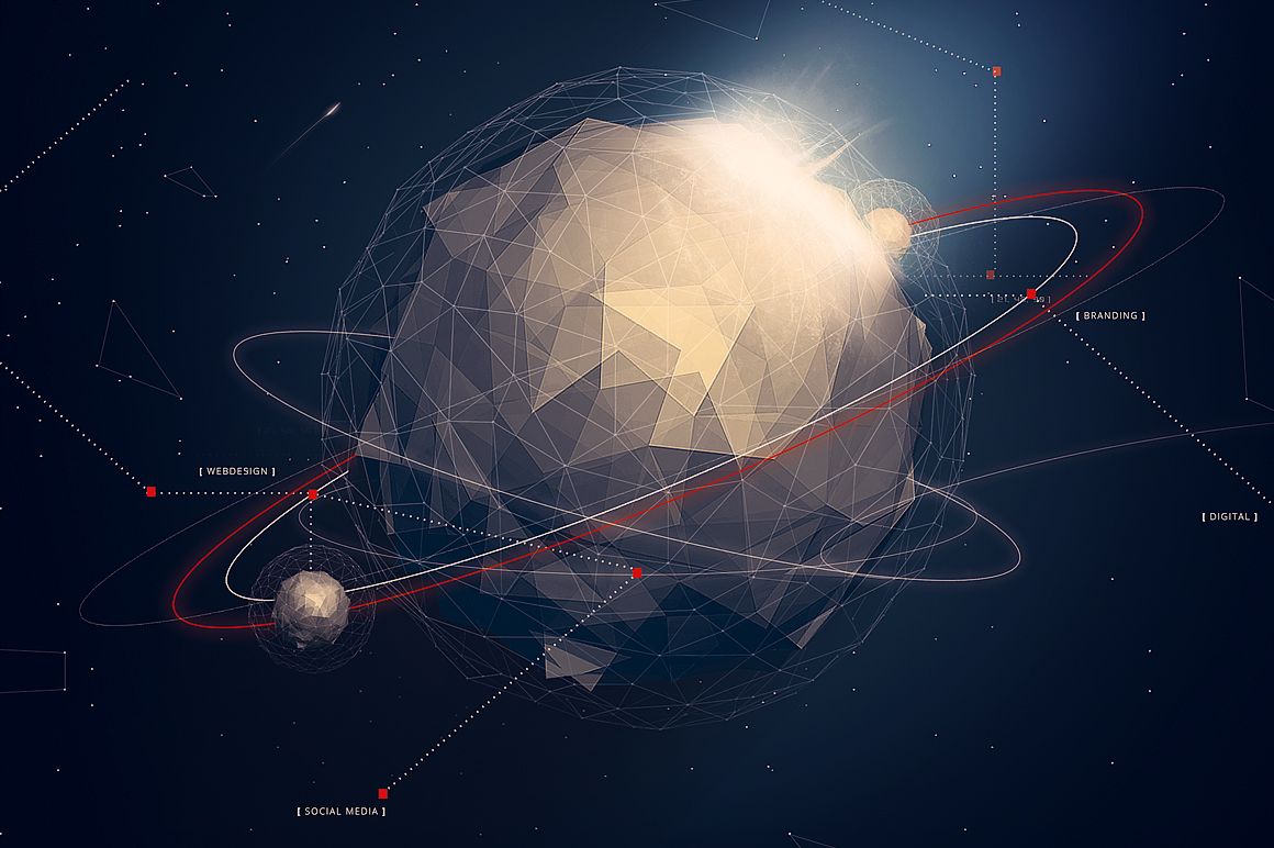 Front view of a polygon planet poster mockup showing a faceted globe with orbit paths and labeled points on a dark background.