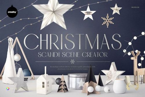 Front view of a Christmas mockup featuring wooden and porcelain decorations, star ornaments, and framed artwork props.
