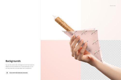 Front view of a person holding an ice cream cone wrapped in pink mockup paper with a subtle repeating design.