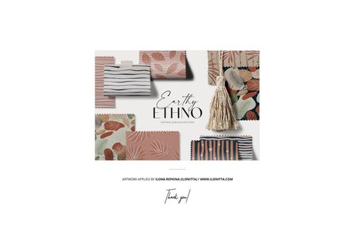 Front view of a little coiled notebook mockup set featuring covers with earthy patterns, stripes, and leaf motifs.