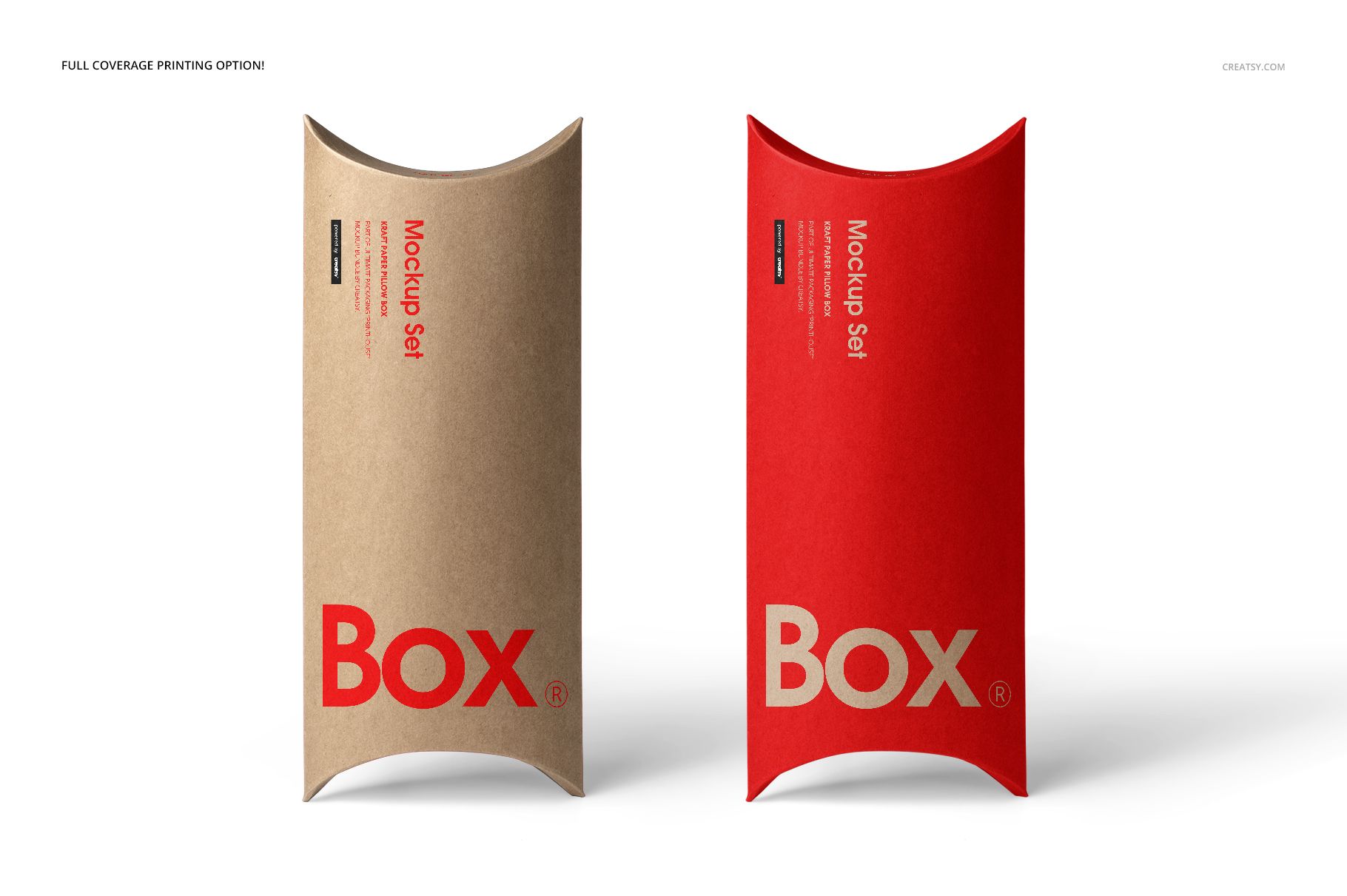 PSD mockup featuring a kraft pillow box and a red pillow box, both with large text, displayed on a plain surface.