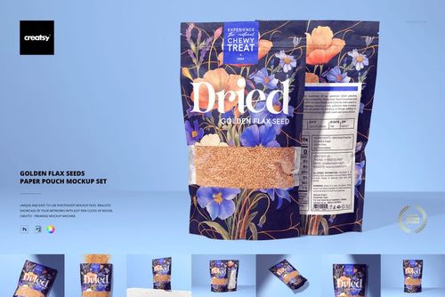Front view of a paper pouch packaging mockup for golden flax seeds, featuring a floral design and transparent window.