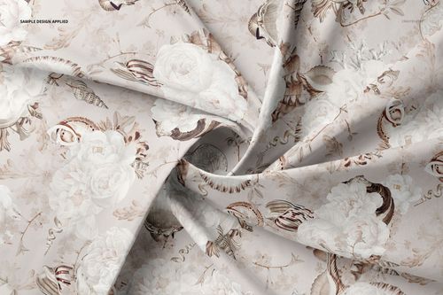 Twisted cotton fabric mockup featuring a soft beige background with white floral and botanical patterns, top view.