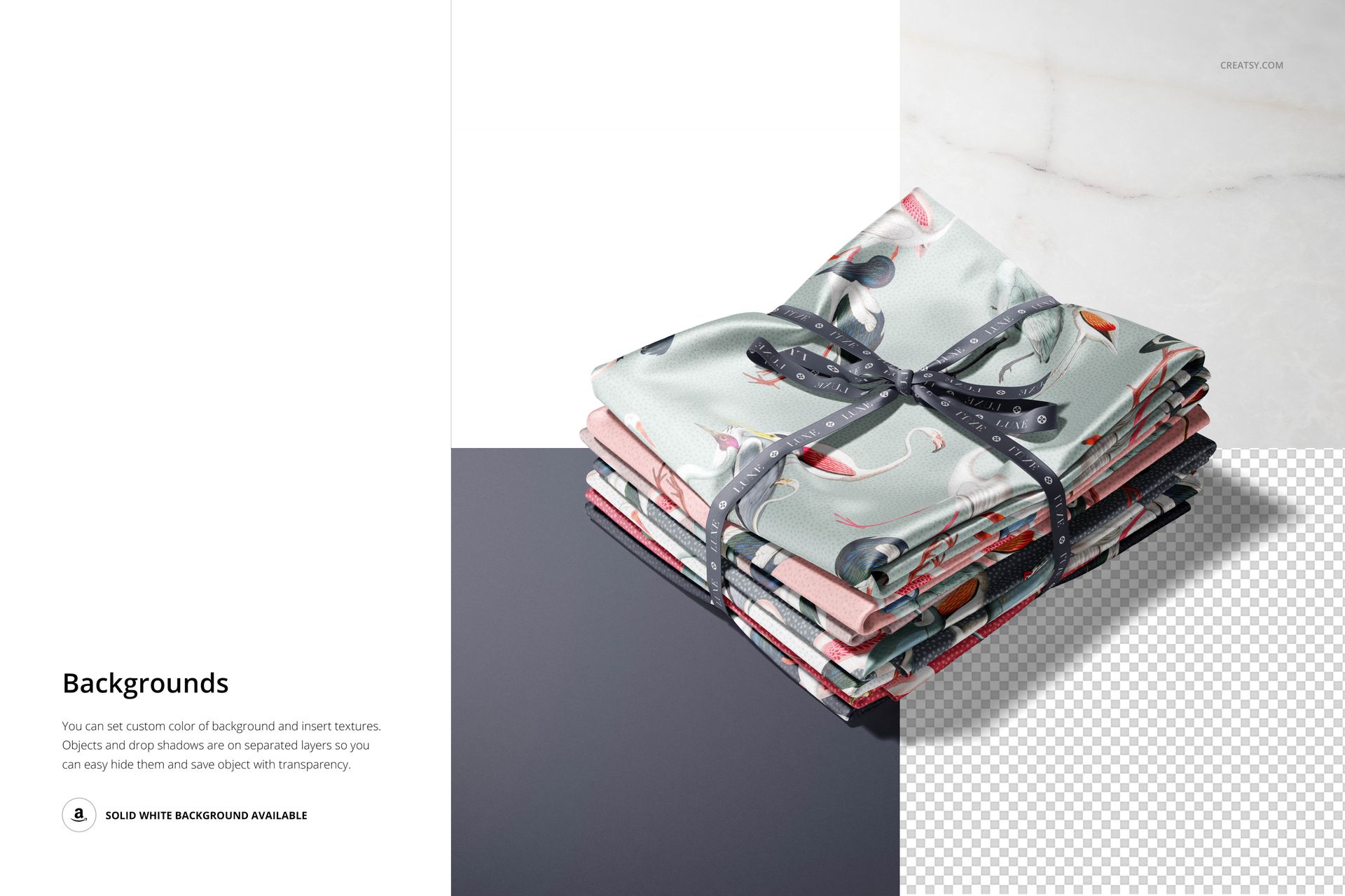 Satin fabric stack mockup featuring multiple folded pieces with various designs, displayed on marble and solid surfaces.