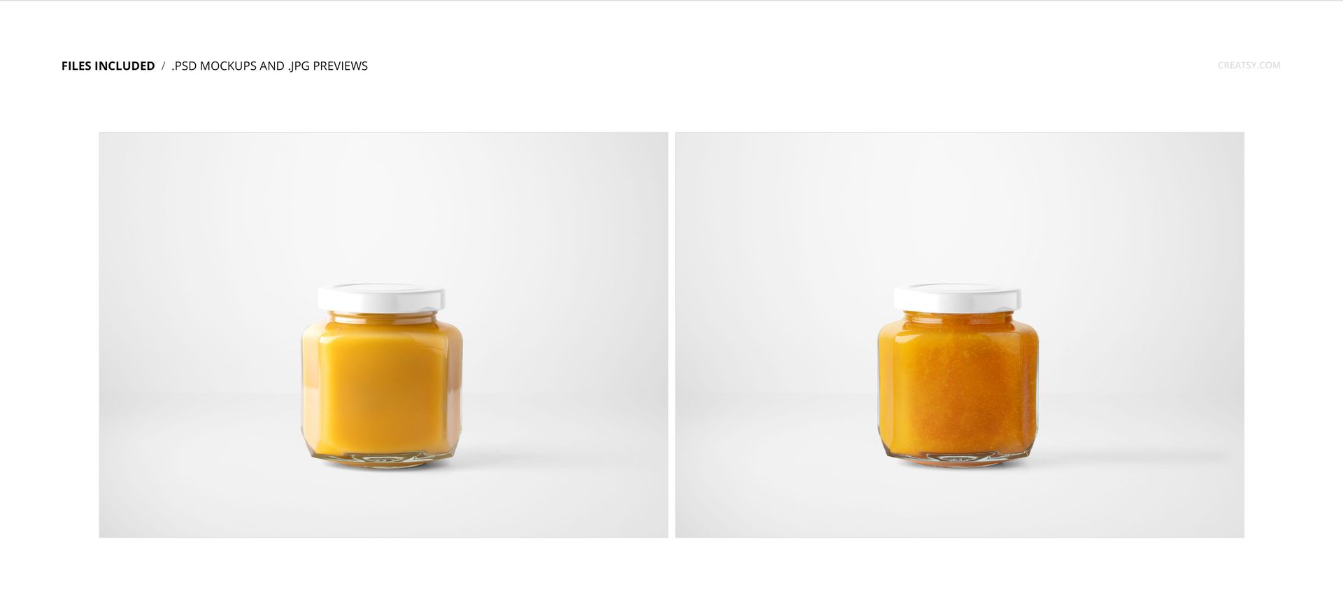 PSD mockup featuring a pair of clear jam jars with white lids and orange contents, photographed from the front.