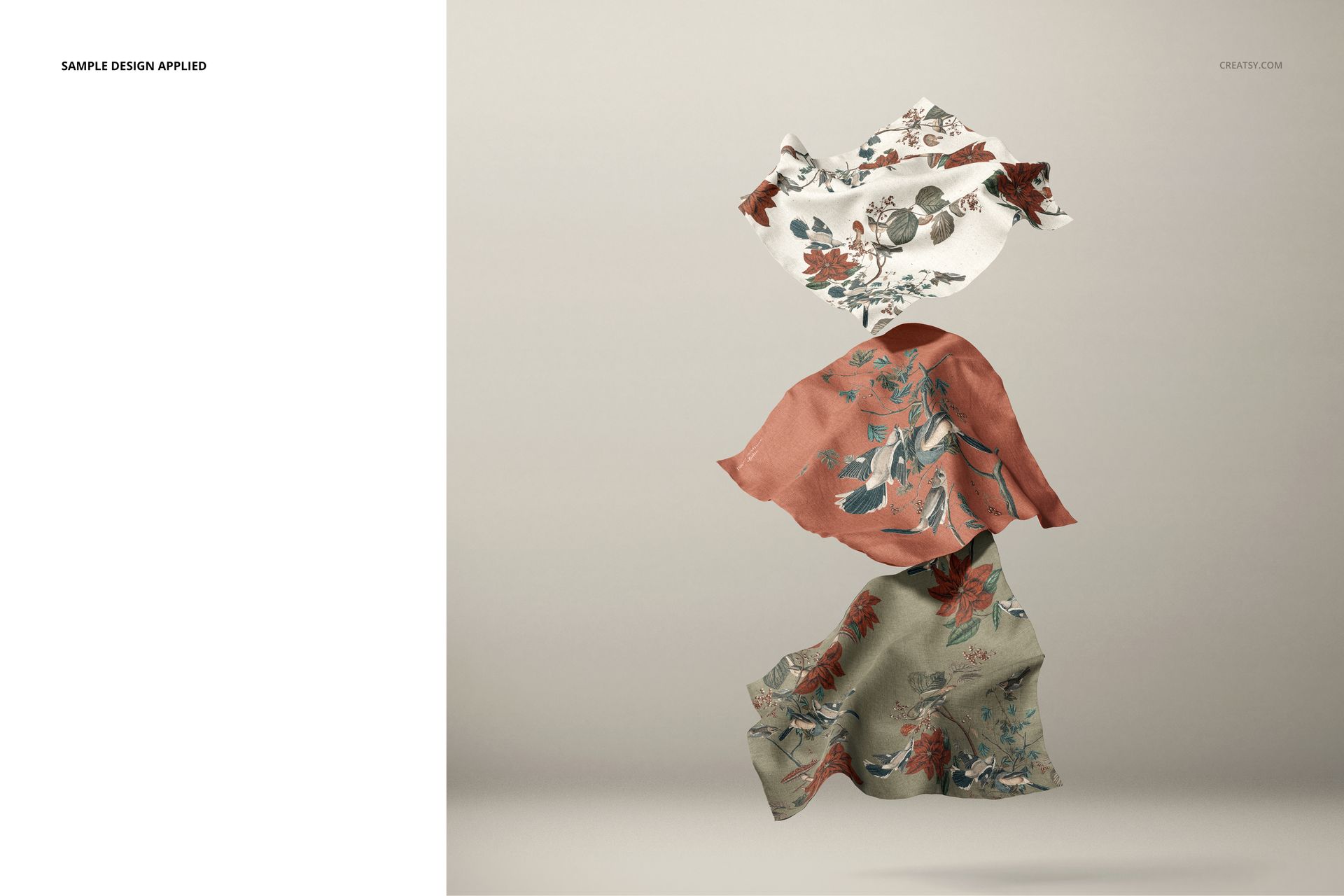 Stacked floating fabrics featuring floral designs in white, rust, and green colors, displayed in a PSD mockup scene.