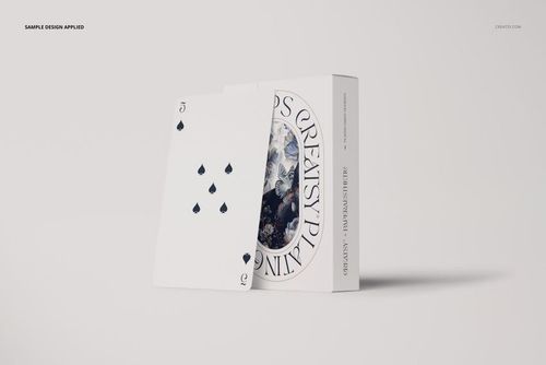Playing card and matching box mockup displayed on a light surface, featuring a white background and simple design.