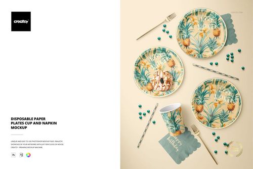 Disposable party supplies mockup featuring paper plates, cup, and napkin with yellow and green tropical designs on a light background.