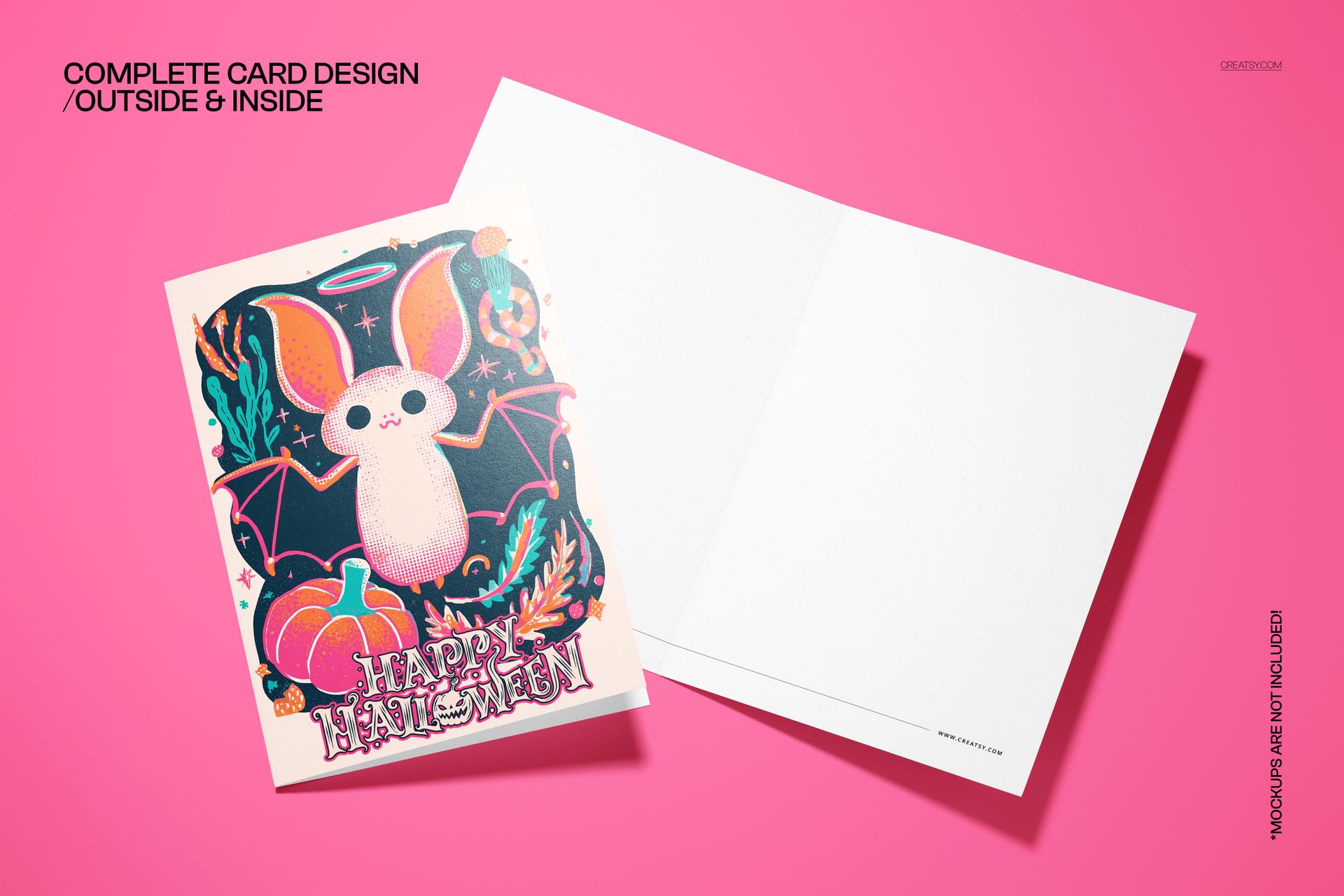 Folded 5x7 card mockup with vintage Halloween design, white bat illustration, and festive graphics on a pink surface.