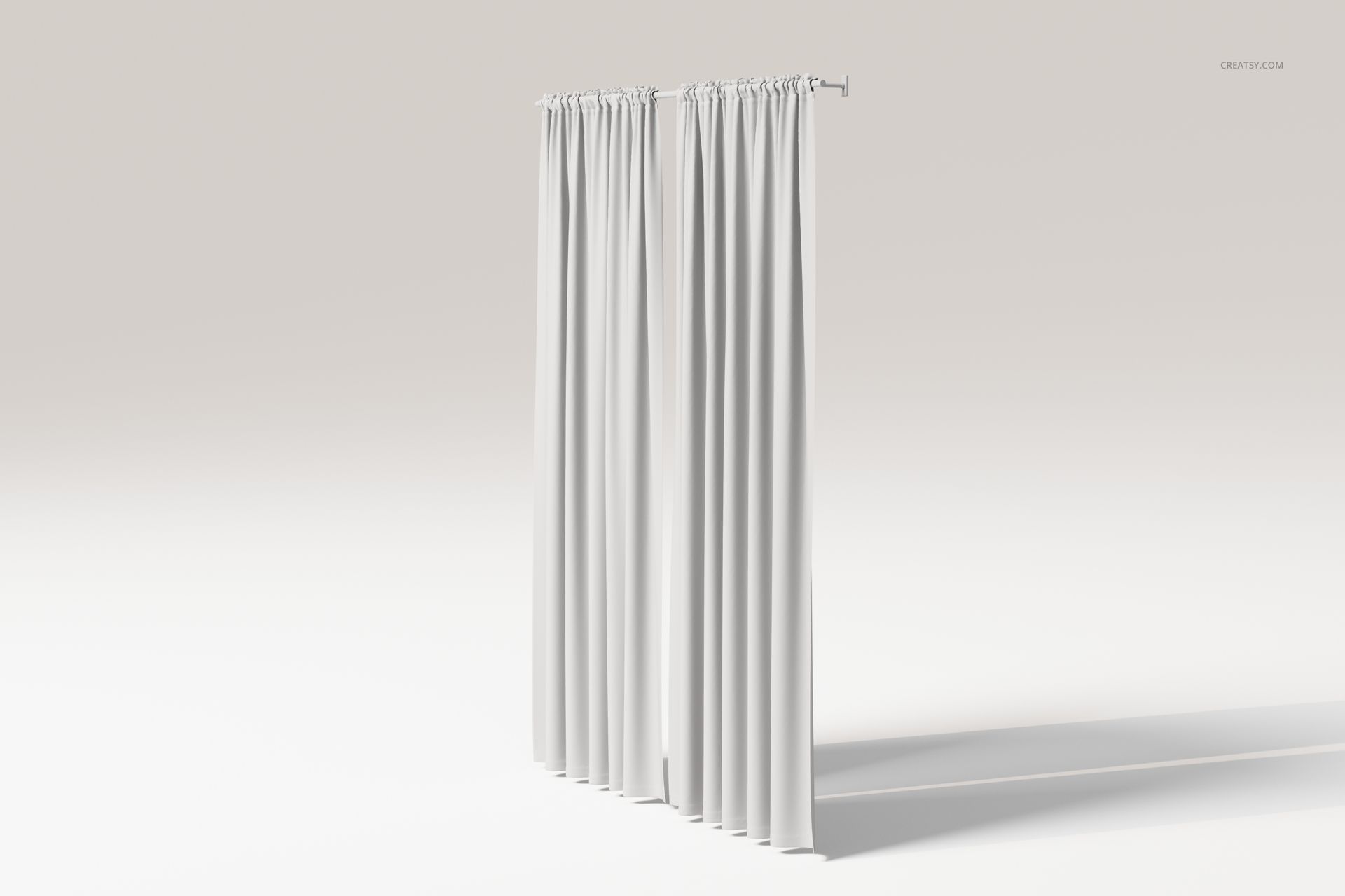 Rod pocket curtains in solid white fabric, shown in a front view with soft pleats and gentle shadows on a neutral background.