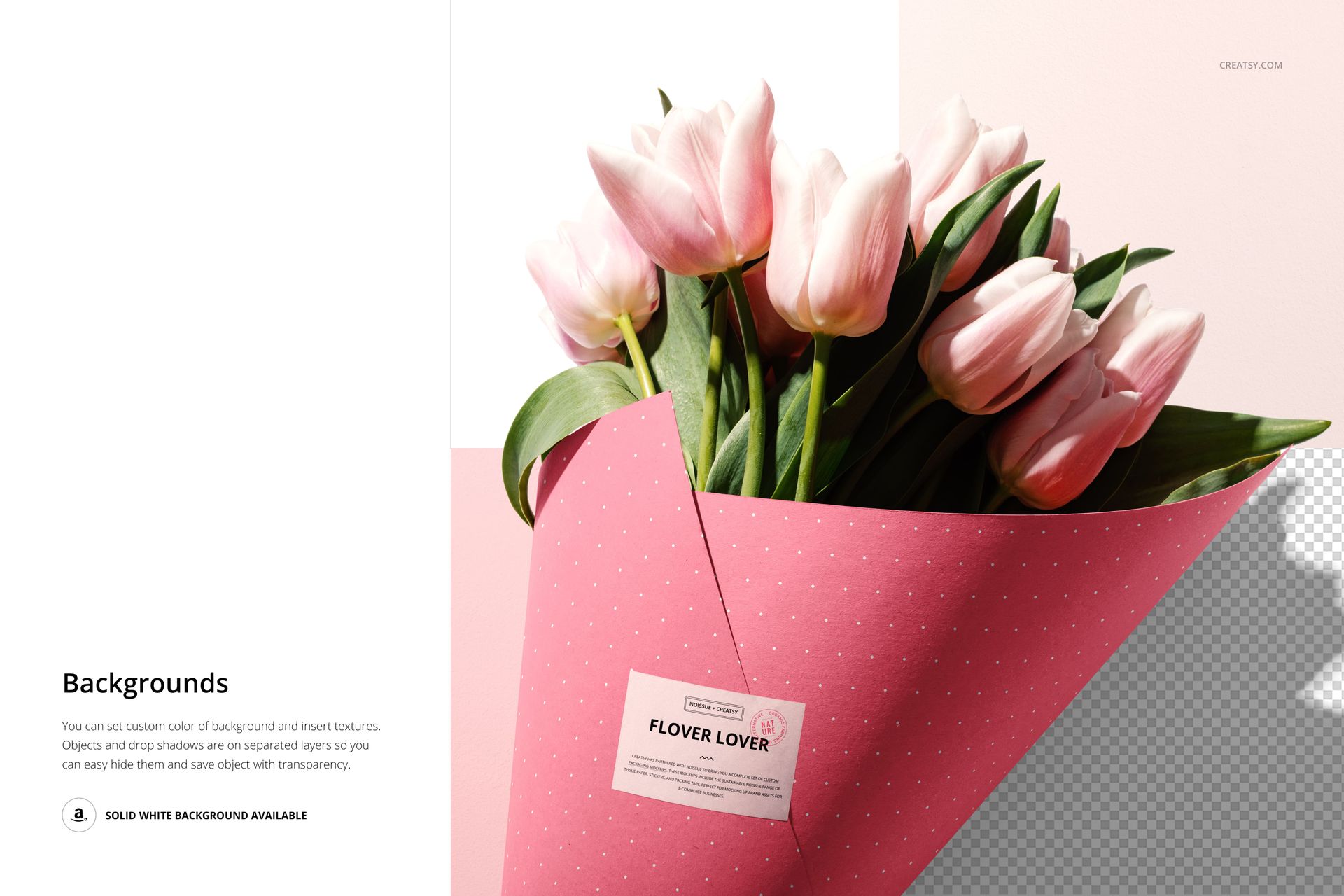 PSD mockup featuring pink tulips arranged in a pink polka dot cone, with a sticker label and soft studio lighting.