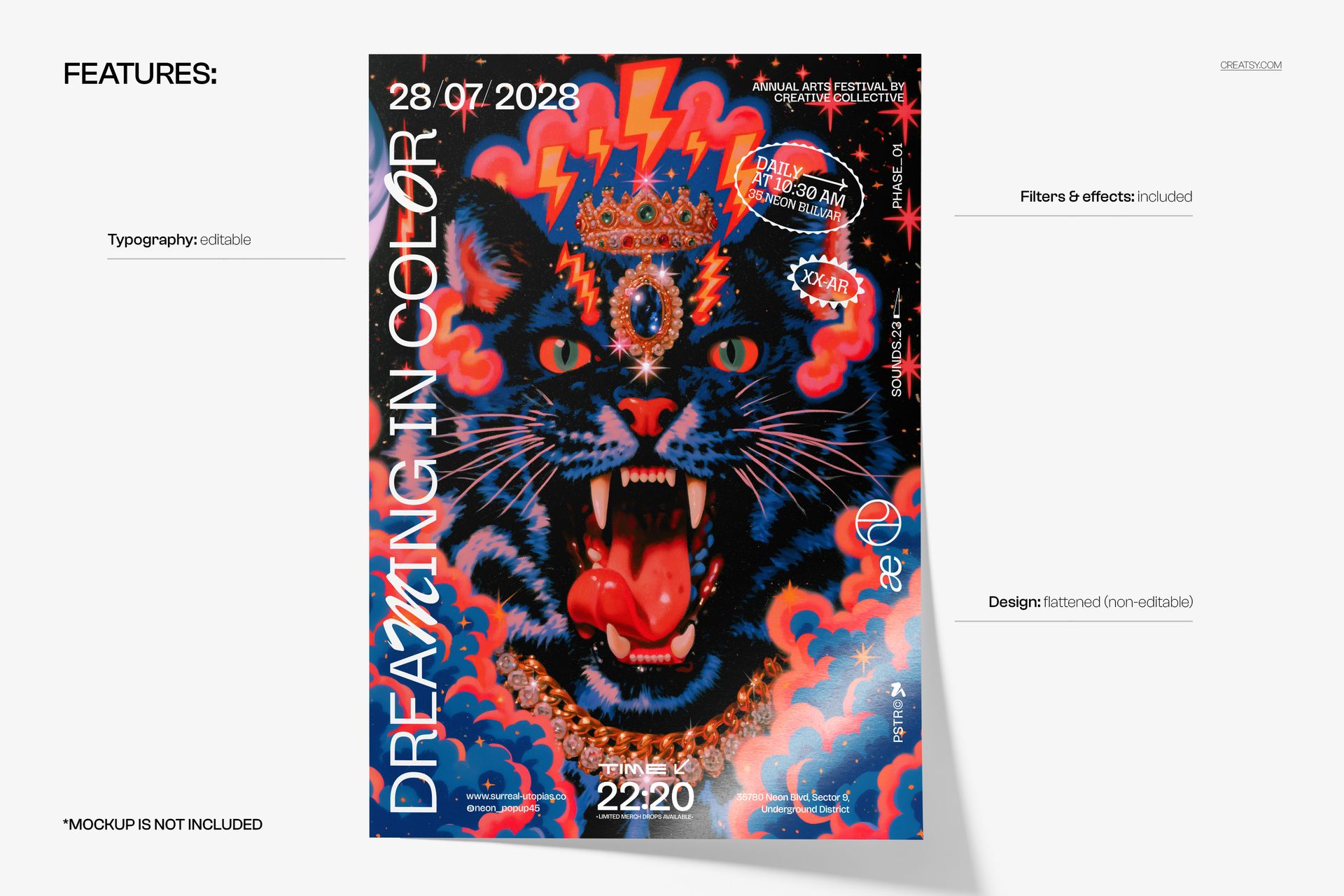 PSD mockup of a poster displaying a crowned cat with glowing eyes, lightning bolts, and surreal red and blue clouds.