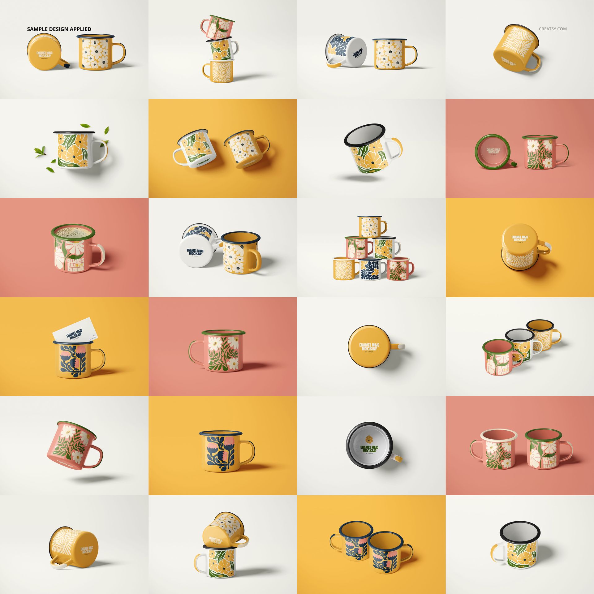 Collection of enamel mugs mockup displayed in a bundle, with diverse prints and colors on pink, yellow, and cream surfaces.