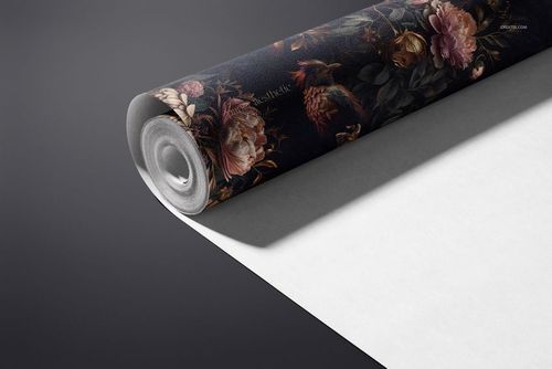 Non-woven vinyl wallpaper mockup featuring a rolled sheet with intricate floral design, displayed from a side angle.