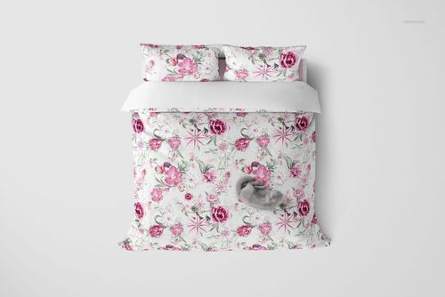 Top view of a bedding mockup set with a duvet and two pillows featuring a pink floral pattern on white.