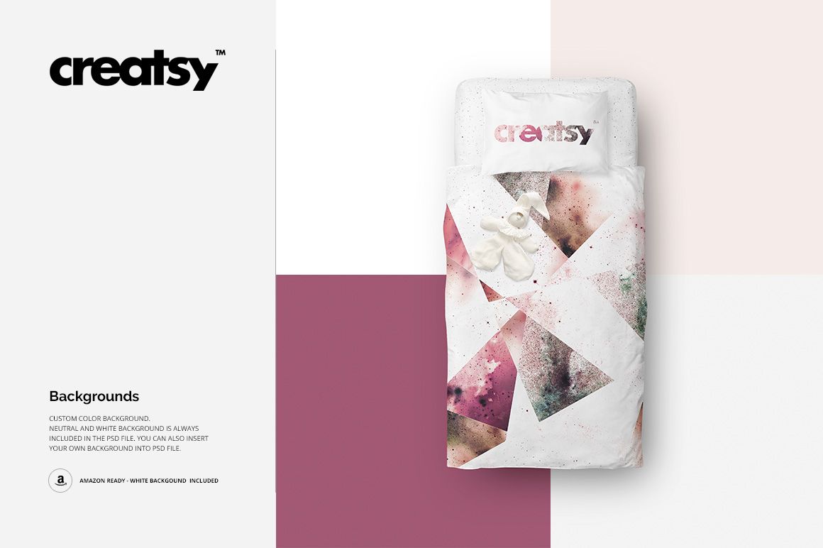 Top view of a single bed bedding mockup featuring a modern abstract design in muted pink and brown tones.