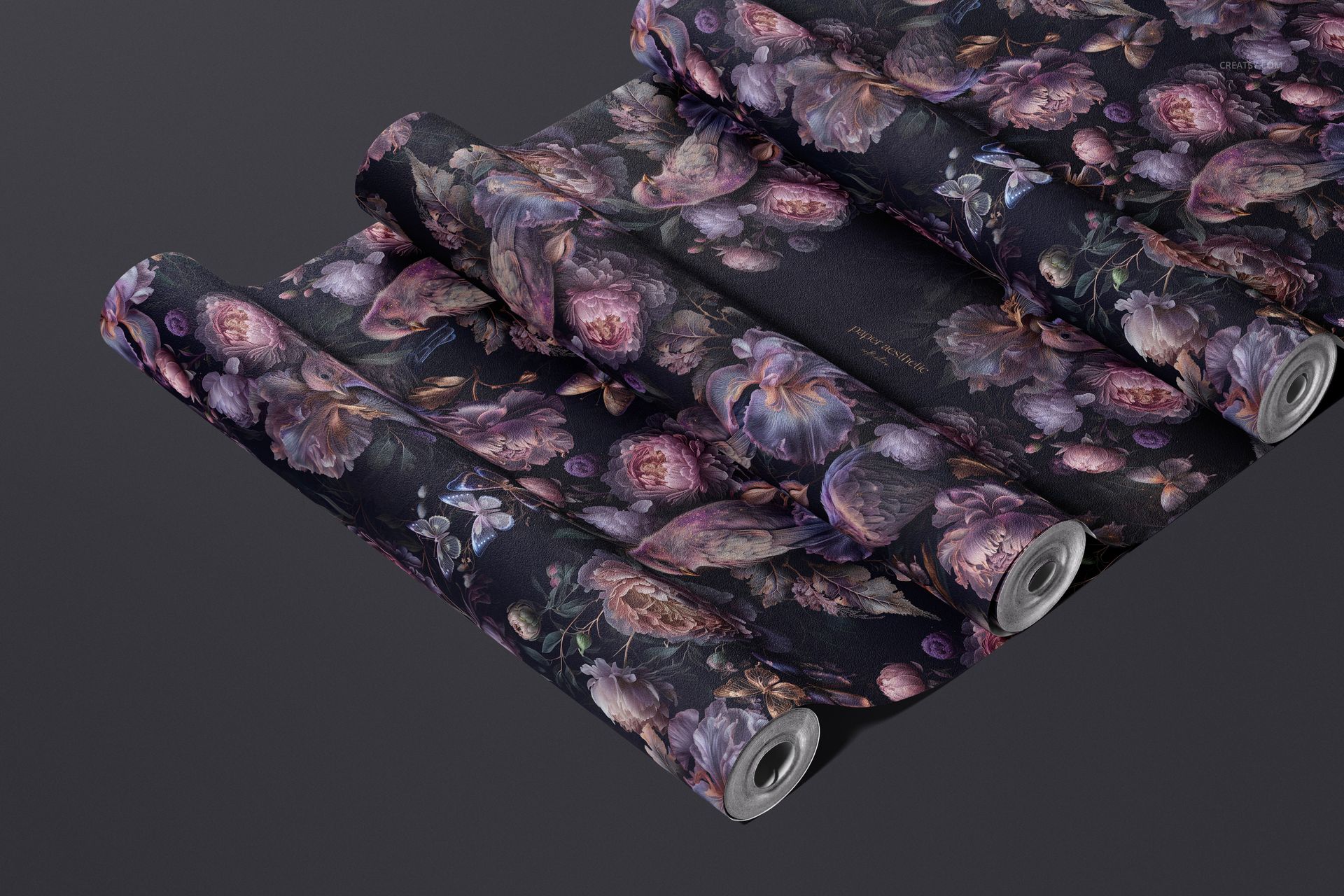 Rolled non-woven vinyl wallpaper mockup featuring a purple and pink floral design on a dark surface.