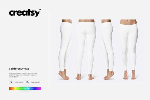 Set of four adult leggings mockup views in white, showing front, back, and both side perspectives on a plain background.