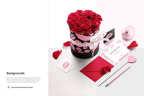 Round floral box mockup with red roses, pink and black lip print pattern, front view on white and pink background.