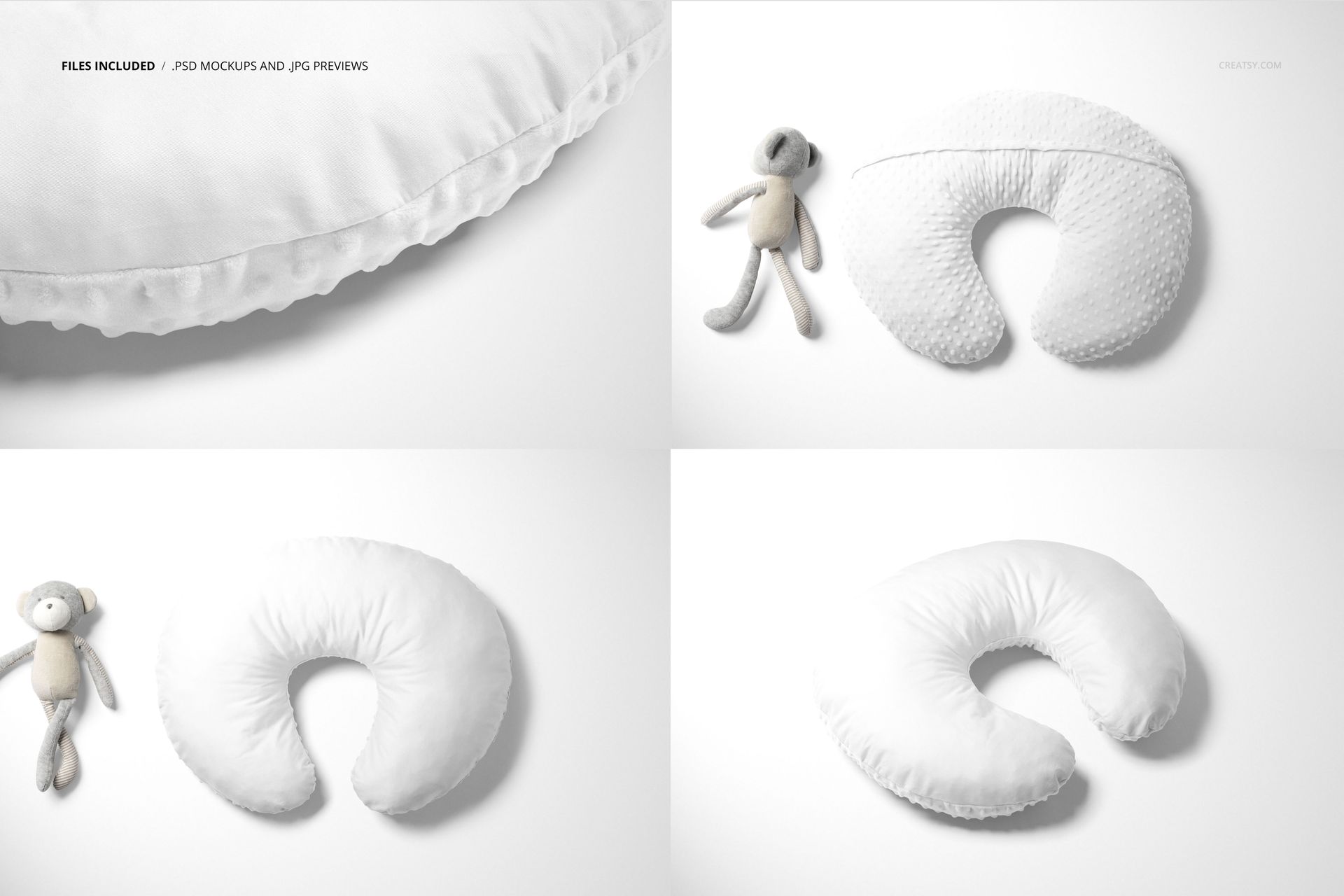 Boppy nursing pillow mockup set showing a crescent-shaped pillow in white fabric from various angles with a plush toy.