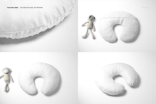 Boppy nursing pillow mockup set showing a crescent-shaped pillow in white fabric from various angles with a plush toy.