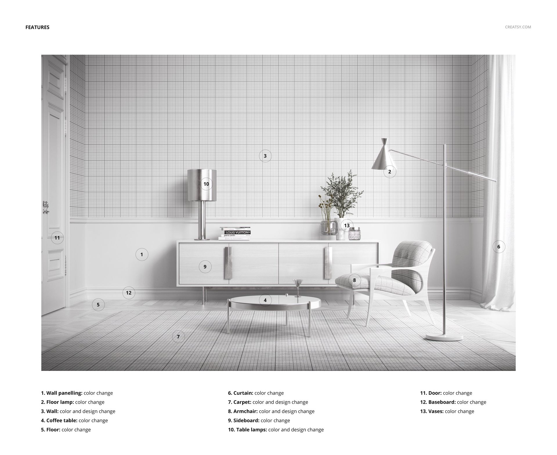 Front view of a minimalist living room mockup featuring light grid wallpaper, white sideboard, armchair, and tall lamp.