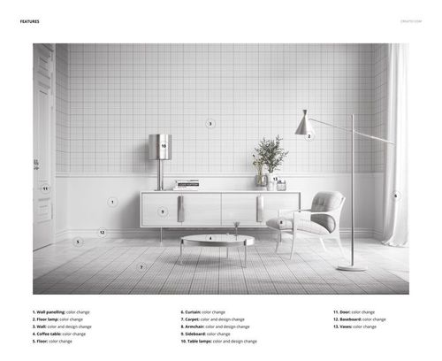 Front view of a minimalist living room mockup featuring light grid wallpaper, white sideboard, armchair, and tall lamp.