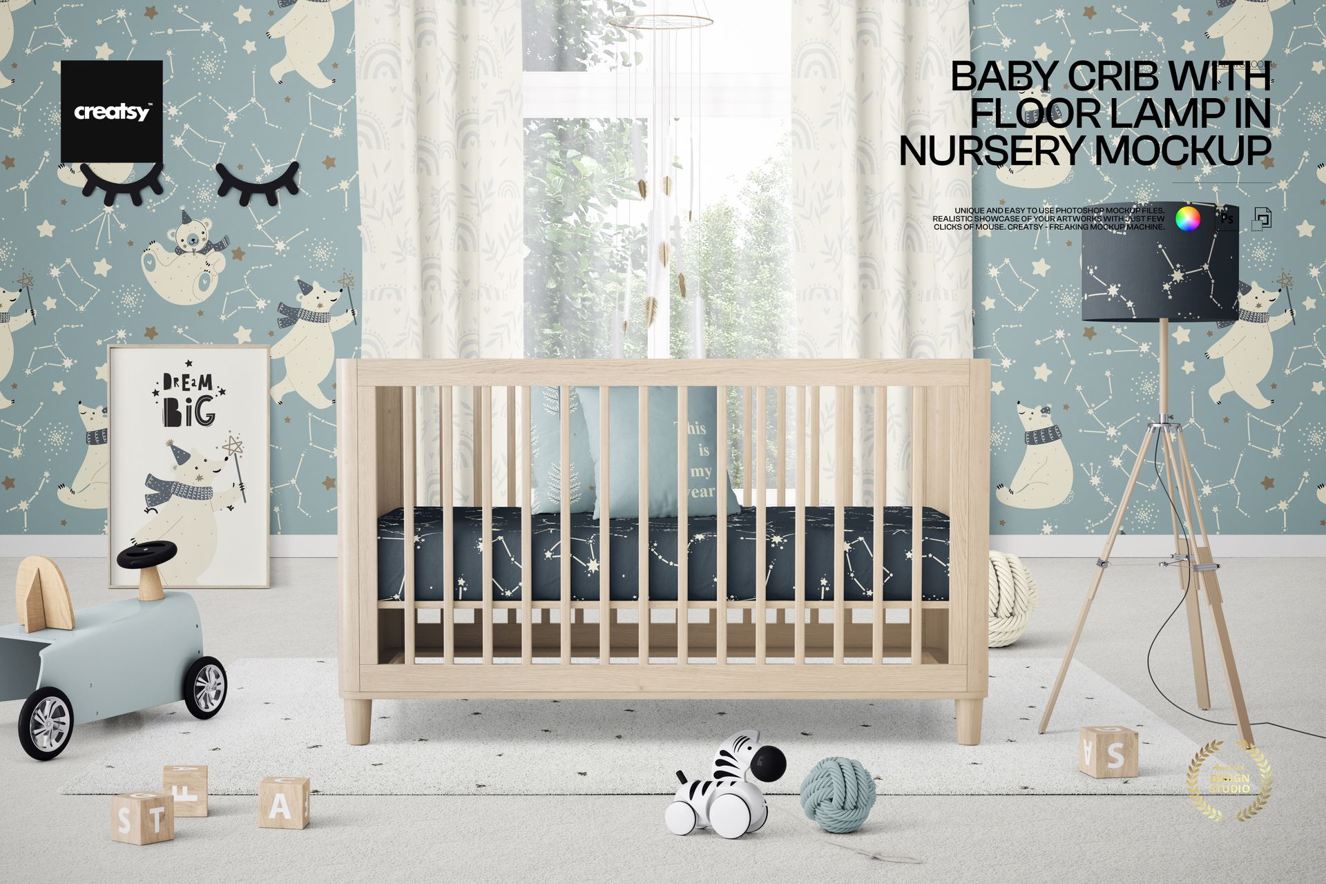 Front view of a wooden baby crib with dark bedding, floor lamp, and playful nursery decor in a PSD mockup scene.