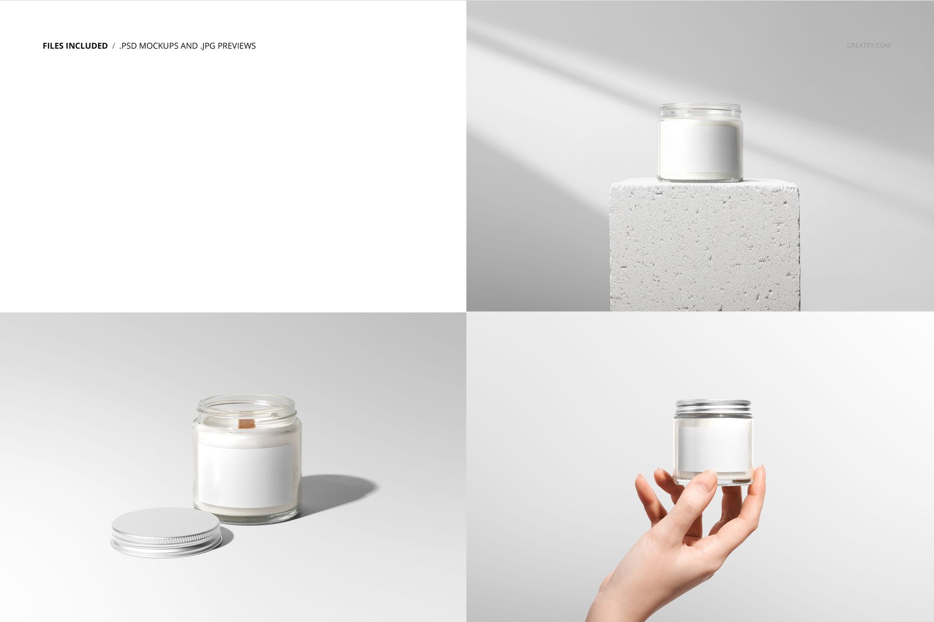 Minimalist jar candle mockup displayed with white lid, featuring clean backgrounds and soft natural lighting.