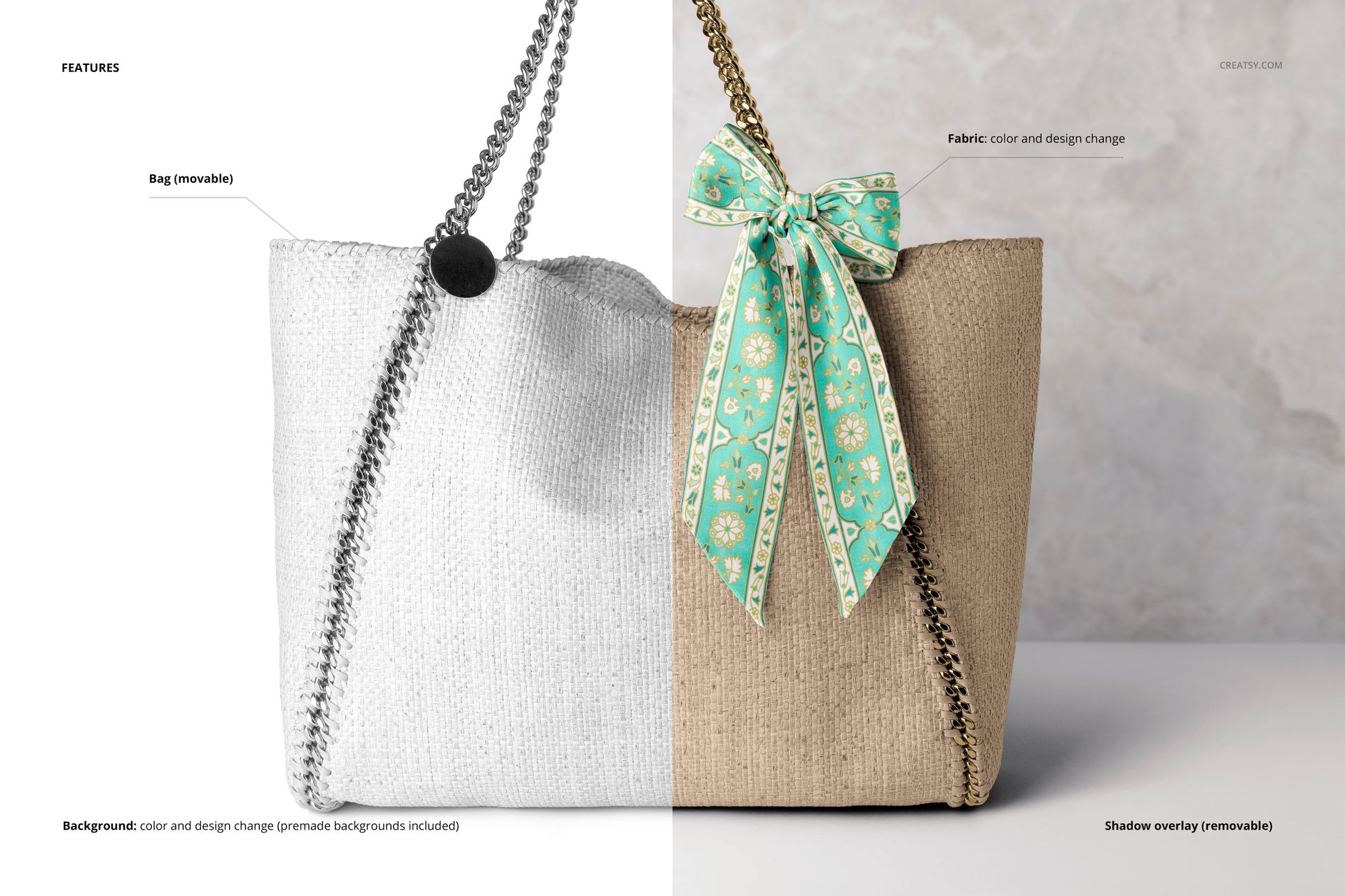 Fashion accessory mockup featuring a patterned twilly scarf on a chain-handle bag, displayed with color options.