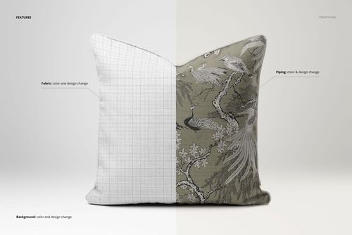 Front view of a piped cushion mockup, half with white grid fabric and half with gray crane pattern, on neutral background.