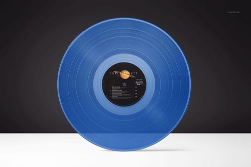 Front view of a blue transparent vinyl record mockup with visible grooves and a black center label.