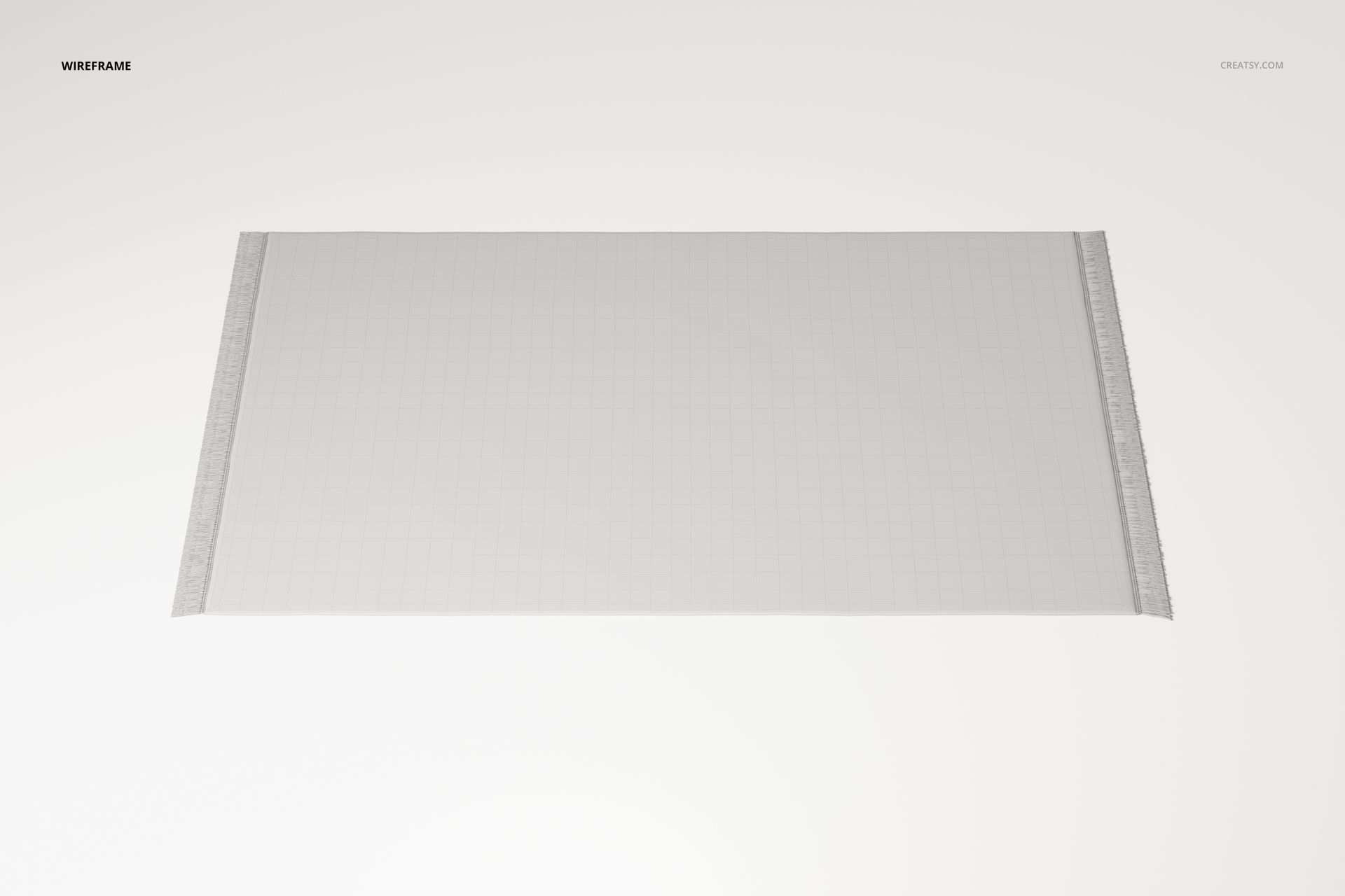 Large rectangular fringed rug with subtle grid pattern shown from a top view on a light background.