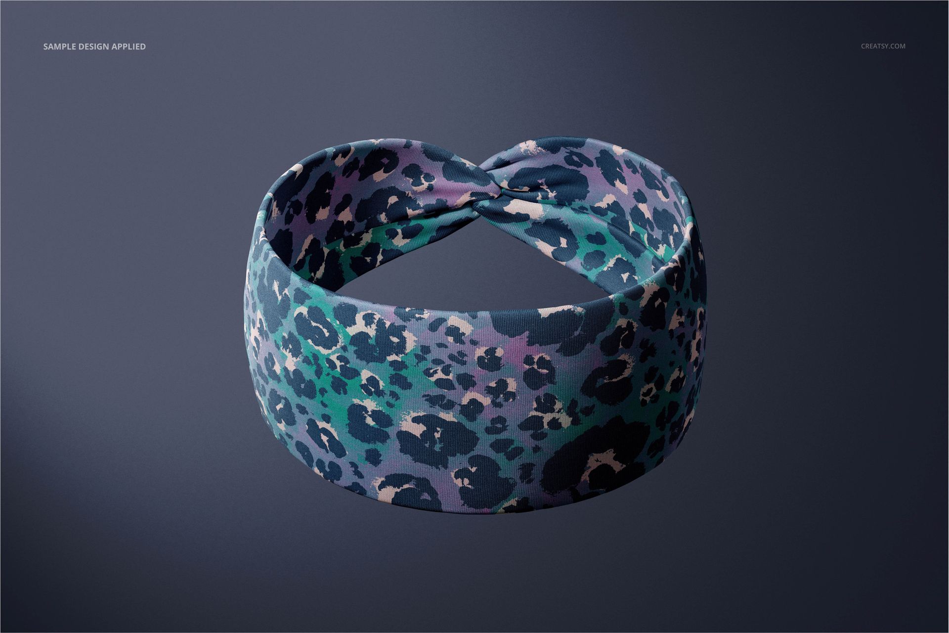 PSD mockup of a fabric headband with a faux knot design, displaying a blue and purple leopard print pattern, isolated.