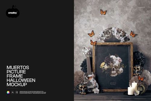 Front view of an ornate picture frame surrounded by decorated skulls, candles, flowers, butterflies and a ukulele in a Halloween-themed mockup scene.