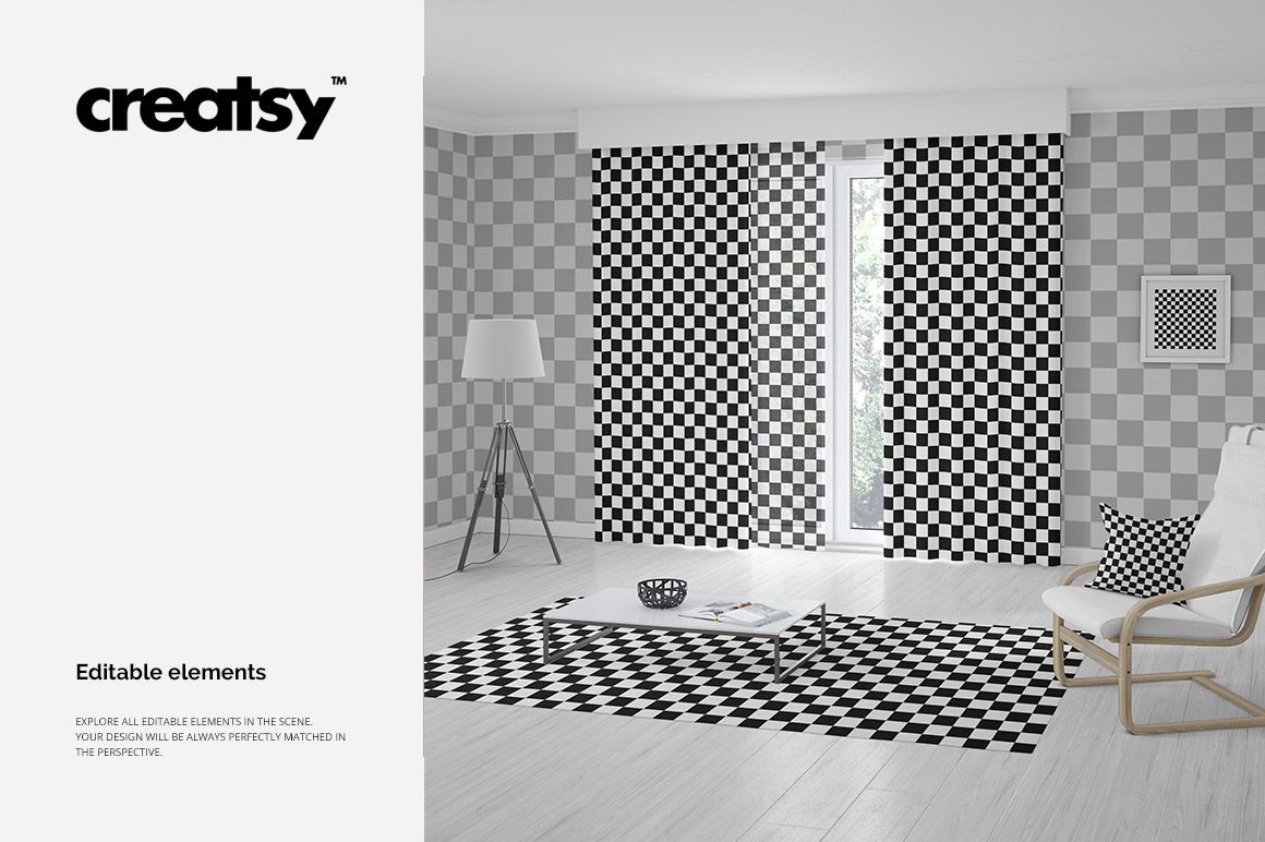 Front view of a modern room with checkered curtains, sheer curtain, pillow, carpet, and wall art in a PSD mockup scene.