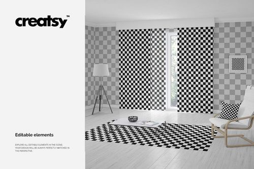 Front view of a modern room with checkered curtains, sheer curtain, pillow, carpet, and wall art in a PSD mockup scene.