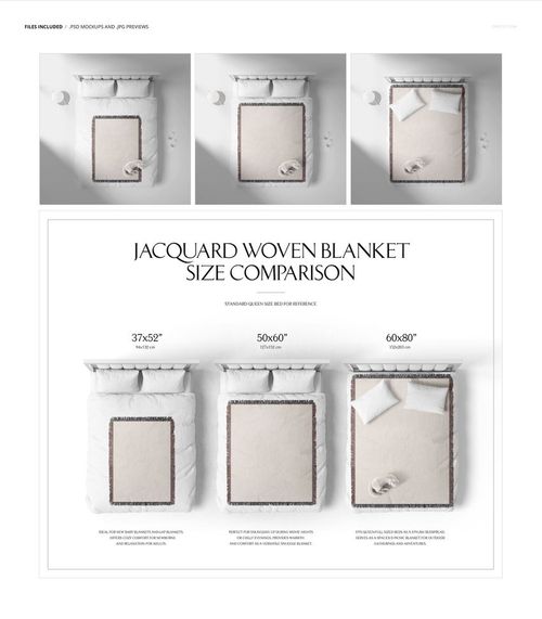 Jacquard woven blanket mockup showing three bedding sizes on beds in a bright room, viewed from above.